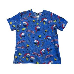 Sesame Street Scrub Top Womens M Cookie Monster Medical Christmas Holiday